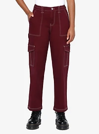 Burgundy Contrast Stitch Girls Cargo Pants