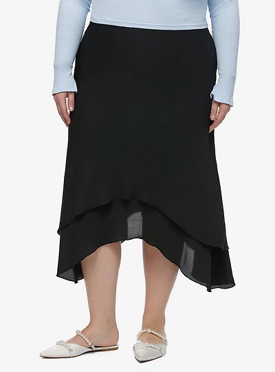 Cosmic Aura Black Asymmetrical Midi Skirt Plus Size