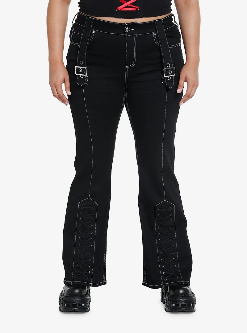 Black Buckle Lace-Up Flare Pants Plus Size