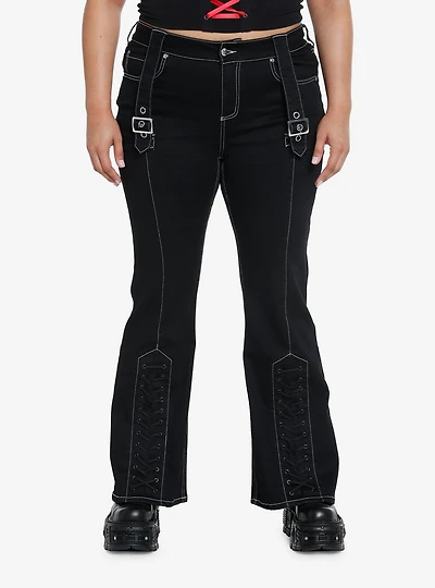 Black Buckle Lace-Up Flare Pants Plus Size