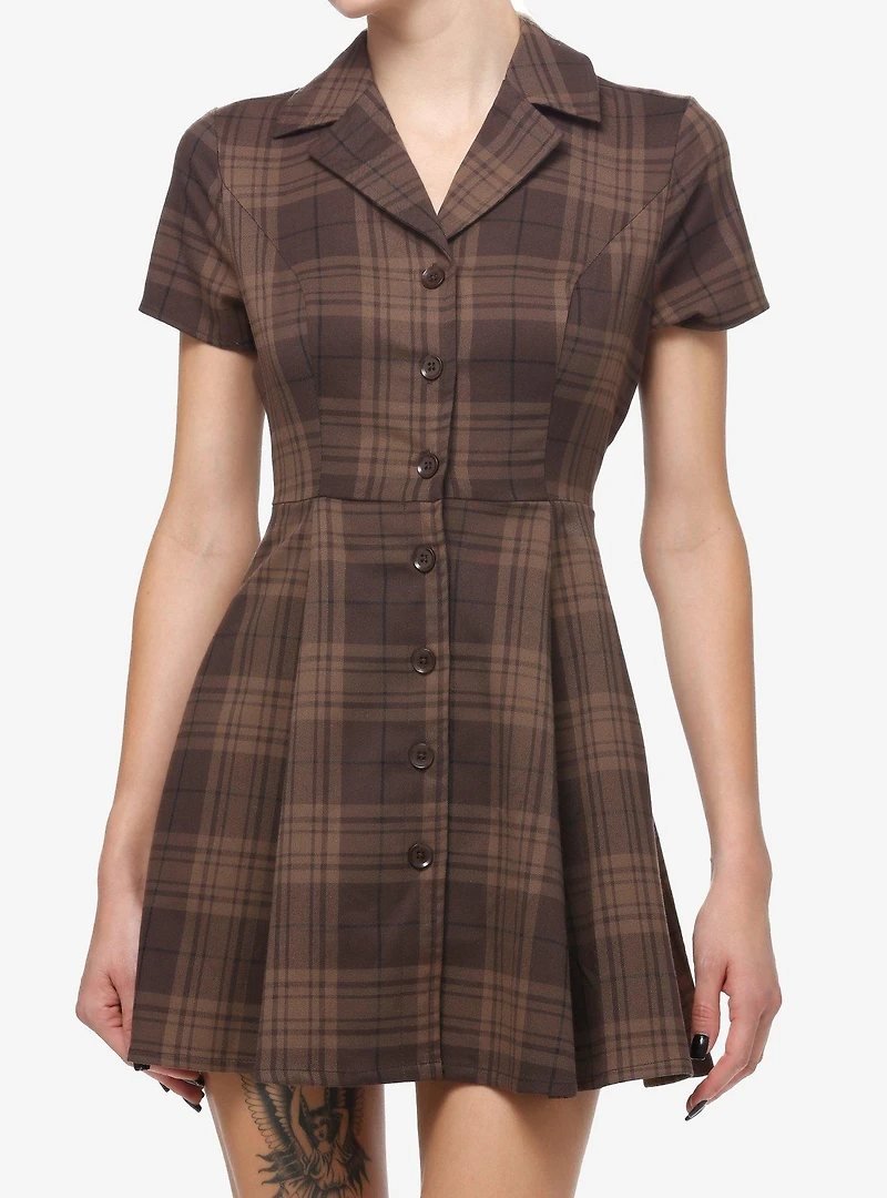 Thorn & Fable Brown Plaid Retro Dress