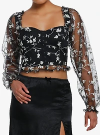 Cosmic Aura Floral Mesh Girls Crop Top
