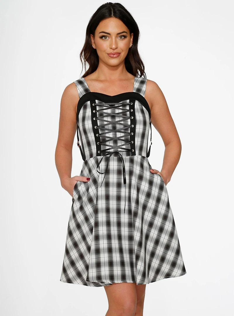 Black White Plaid Lace-Up Dress