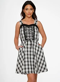 Black White Plaid Lace-Up Dress