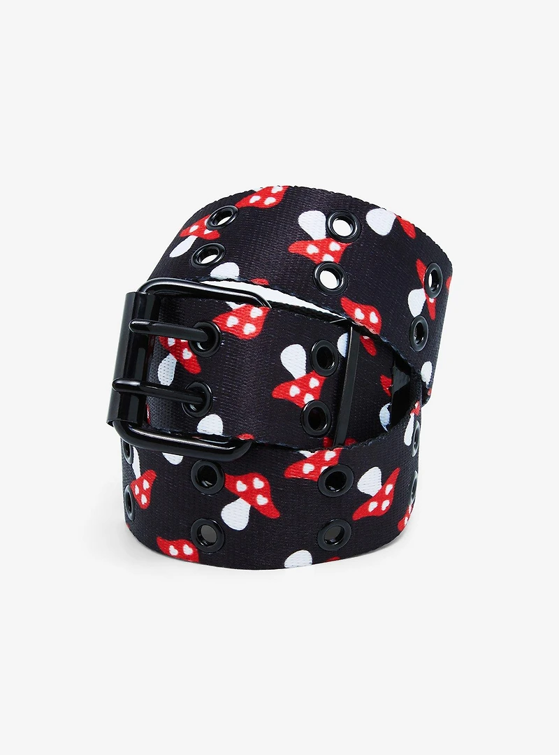 Black Mushroom Print Grommet Belt