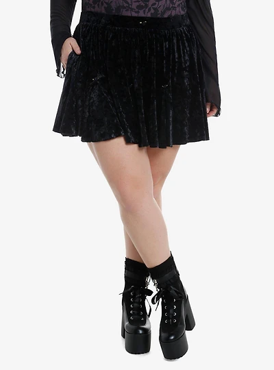 Cosmic Aura Black Velvet Rosette Godet Mini Skirt Plus Size