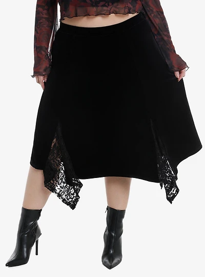 Black Velvet Lace Godet Midi Skirt Plus Size