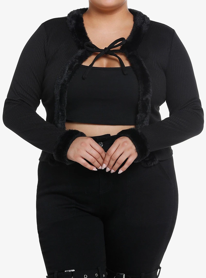 Social Collision Black Faux Fur Tie-Front Girls Cardigan Plus Size