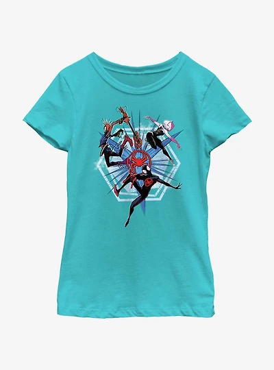 Marvel Spider-Man: Across The Spiderverse Trio Badge Spider-Punk Miles Morales Spider-Gwen Youth Girls T-Shirt