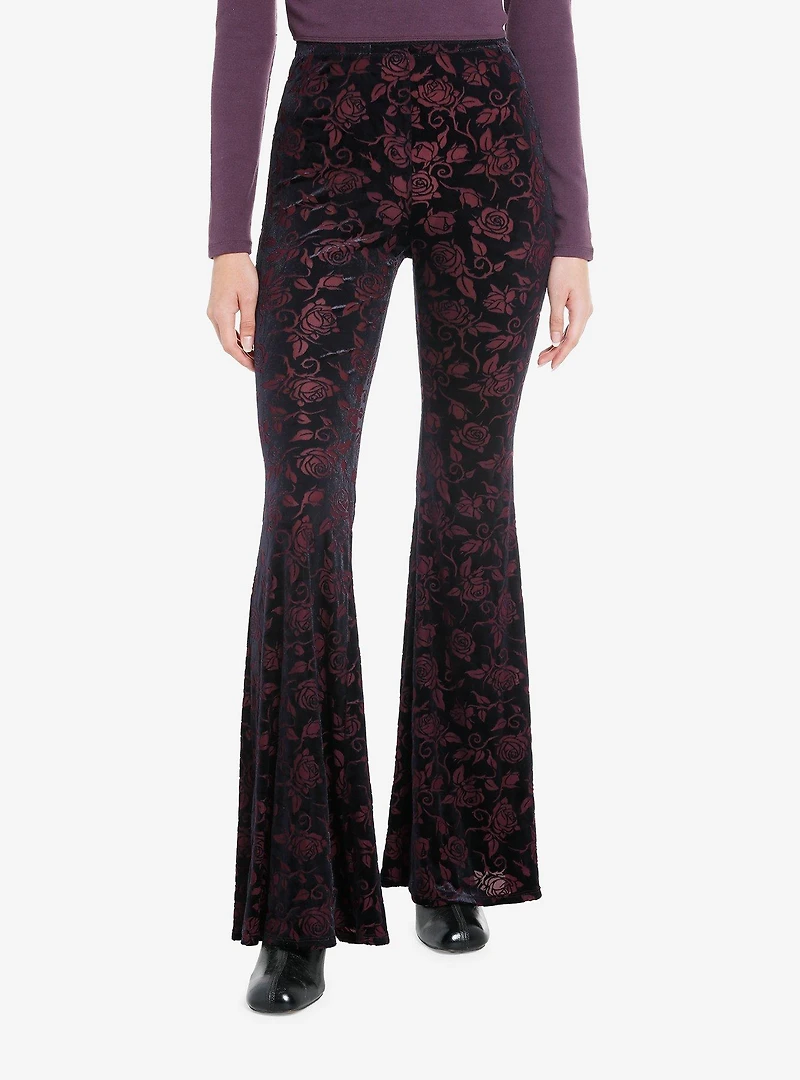 Black & Red Floral Velvet Bell Bottom Leggings
