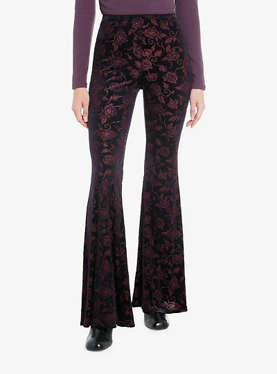 Black & Red Floral Velvet Bell Bottom Leggings