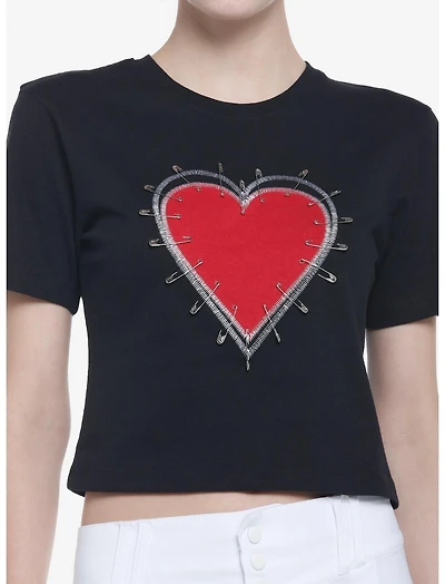 Red Heart & Safety Pins Crop Girls T-Shirt