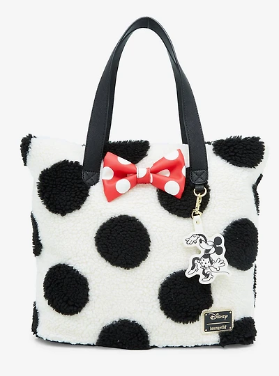 Loungefly Disney Minnie Mouse Black and White Polka Dot Sherpa Tote Bag
