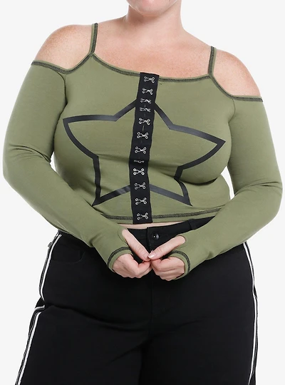 Social Collision Black Star Green Girls Cold-Shoulder Top Plus Size
