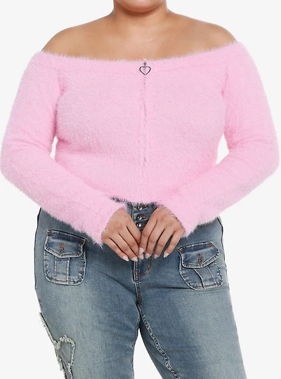 Pink Fuzzy Zipper Girls Off-Shoulder Crop Sweater Plus Size