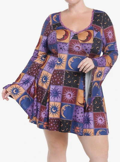 Cosmic Aura Celestial Patchwork Bell Sleeve Dress Plus Size