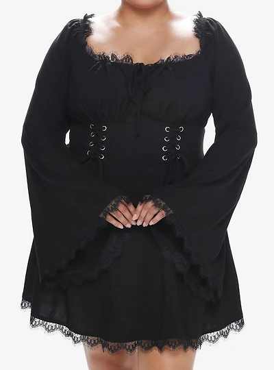 Cosmic Aura Black Lace-Up Bell Sleeve Dress Plus Size