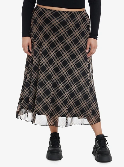Social Collision Black & Brown Plaid Midi Skirt Plus Size
