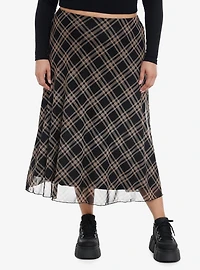 Social Collision Black & Brown Plaid Midi Skirt Plus Size