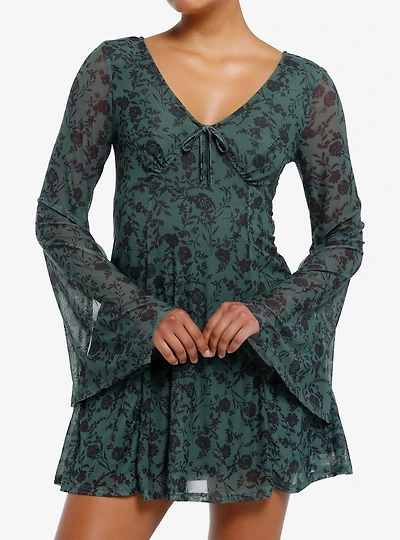 Thorn & Fable Olive Flower Bell Sleeve Dress