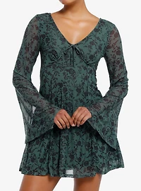 Thorn & Fable Olive Flower Bell Sleeve Dress
