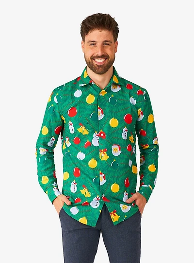 Christmas Ornaments Green Button-Up Shirt