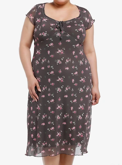 Thorn & Fable Brown Pink Roses Midaxi Dress Plus Size