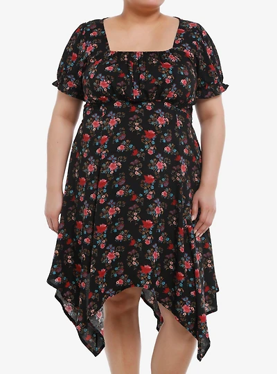 Red & Blue Floral Hanky Hem Dress Plus Size