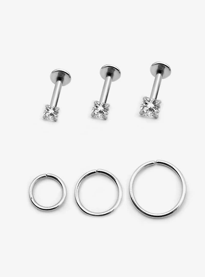 18G Steel Silver Gem Labret Stud & Hoop 6 Pack