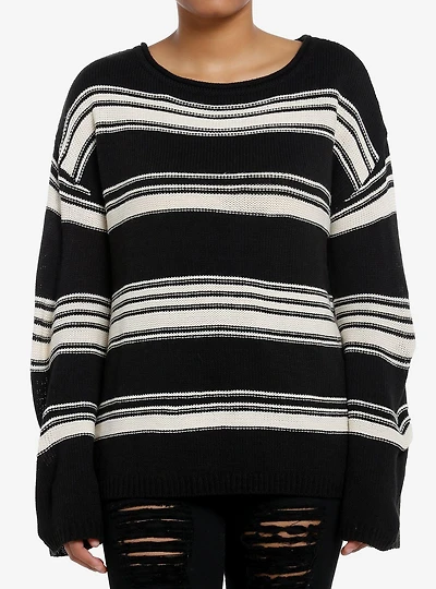 Black & Cream Stripe Boatneck Knit Girls Sweater
