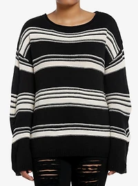 Black & Cream Stripe Boatneck Knit Girls Sweater