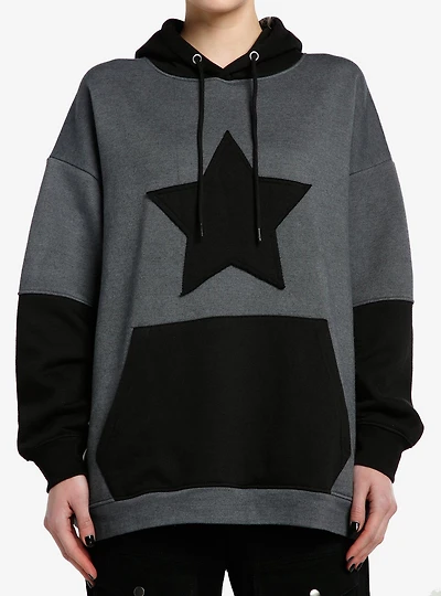 Black & Grey Star Color-Block Girls Oversized Hoodie