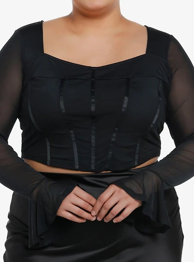 Cosmic Aura Black Corset Mesh Girls Long-Sleeve Crop Top Plus Size