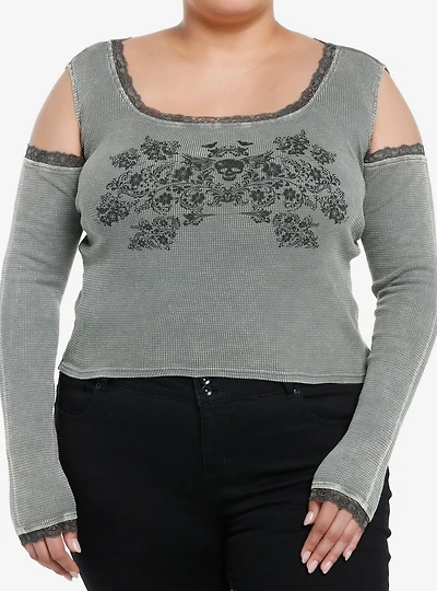 Social Collision Skull Floral Girls Cold Shoulder Long-Sleeve Top Plus Size