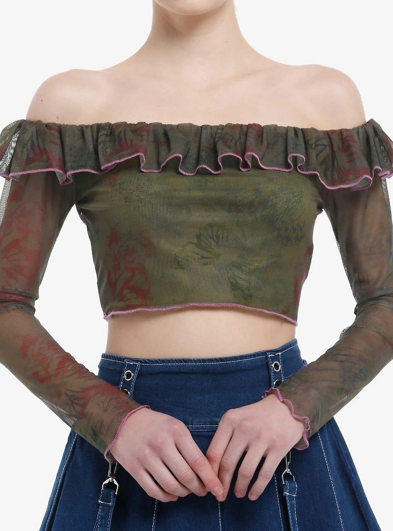 Grunge Butterfly Floral Girls Off-Shoulder Crop Top