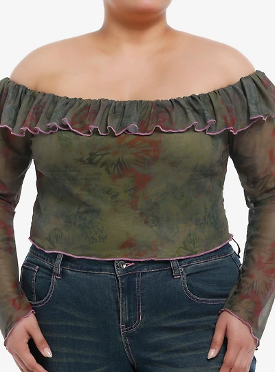 Grunge Butterfly Floral Girls Off-Shoulder Crop Top Plus Size