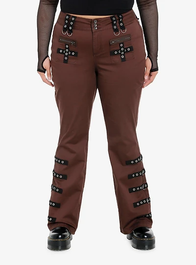 Brown Contrast Grommet Strap Flare Pants Plus Size