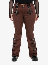 Brown Contrast Grommet Strap Flare Pants Plus Size
