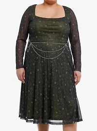 Cosmic Aura Gold Constellation Chain Belt Long-Sleeve Dress Plus Size