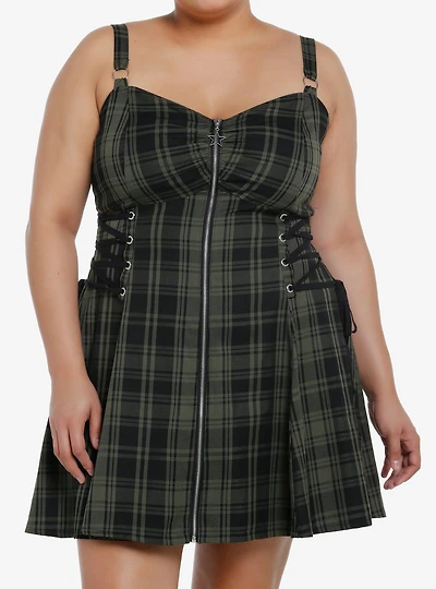 Social Collision Green & Black Zipper Plaid Cami Dress Plus Size