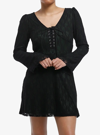 Black & Green Lace Bell Sleeve Dress