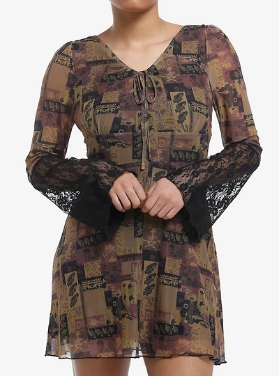 Brown Paisley Patchwork Bell Sleeve Dress