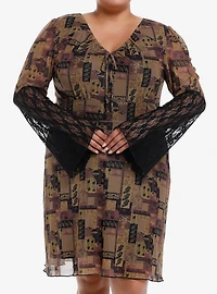 Brown Paisley Patchwork Bell Sleeve Dress Plus Size