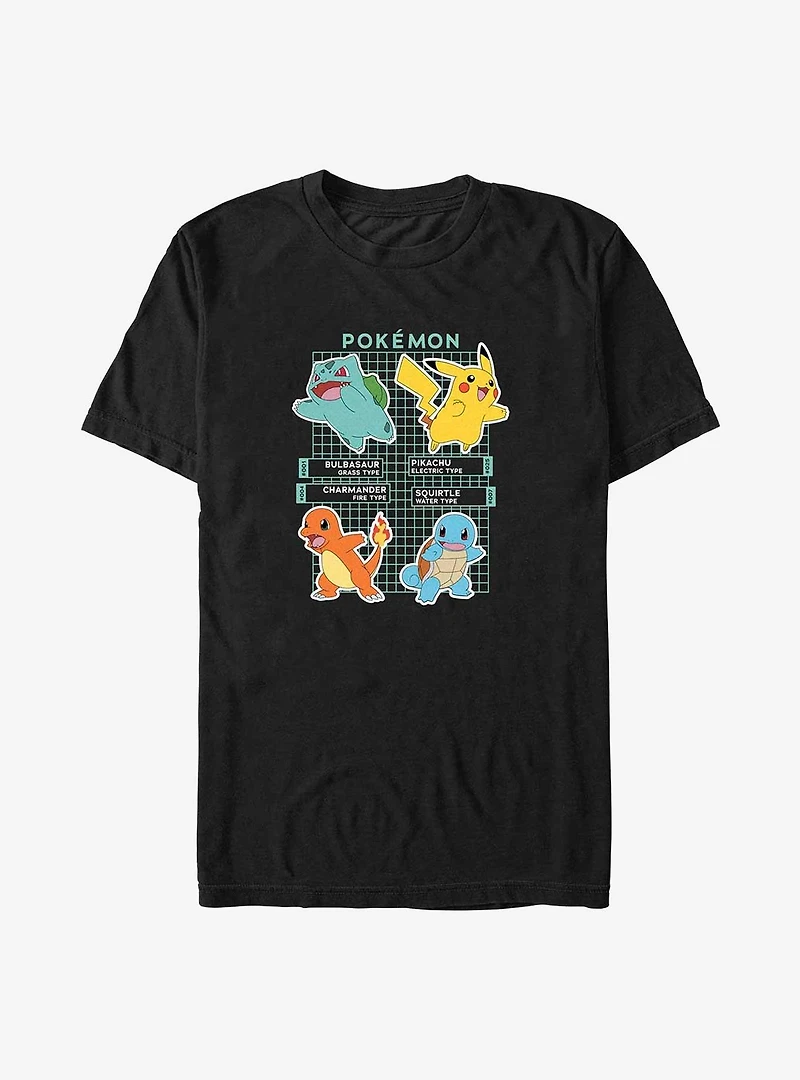 Pokemon Bulbasaur Pikachu Charmander and Squirtle Pokedex Big & Tall T-Shirt