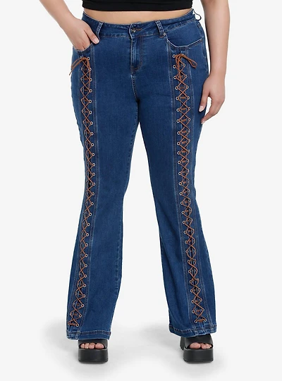 Dark Indigo Brown Lace-Up Girls Flare Jeans Plus Size