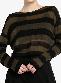 Social Collision Green & Black Stripe Crop Girls Sweater