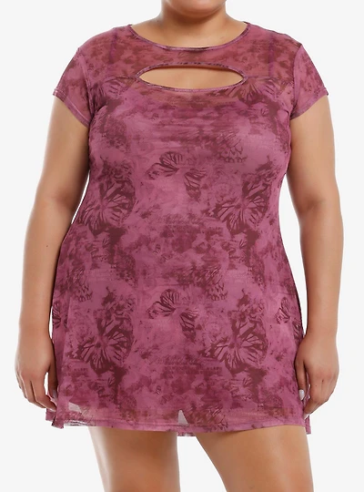 Pink Butterfly Cutout Mesh Mini Dress Plus Size