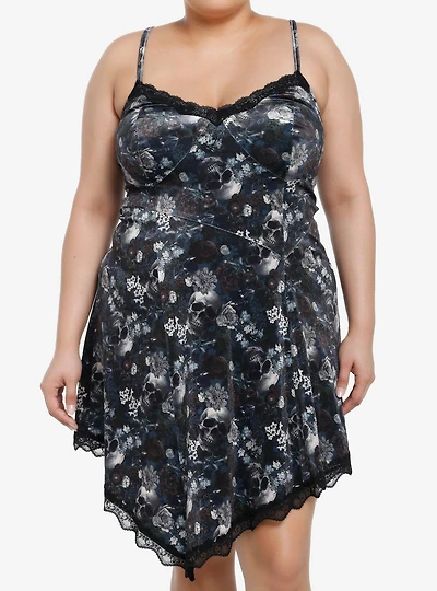 Thorn & Fable Floral Skulls Asymmetrical Dress Plus Size