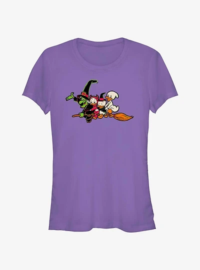 Disney100 Halloween Huey Dewey and Louie Flying Witch's Broom Girls T-Shirt