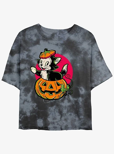 Disney100 Halloween Figaro Inside A Pumpkin Women's Tie-Dye Crop T-Shirt